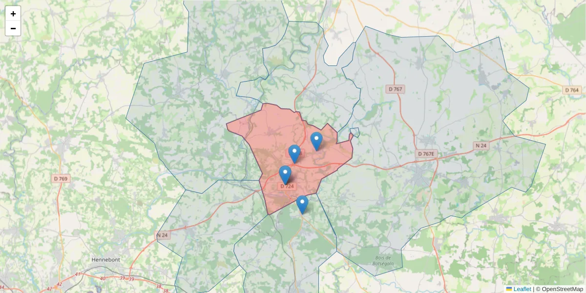 Carte de la zone du code postal  et des codes postaux voisins en France