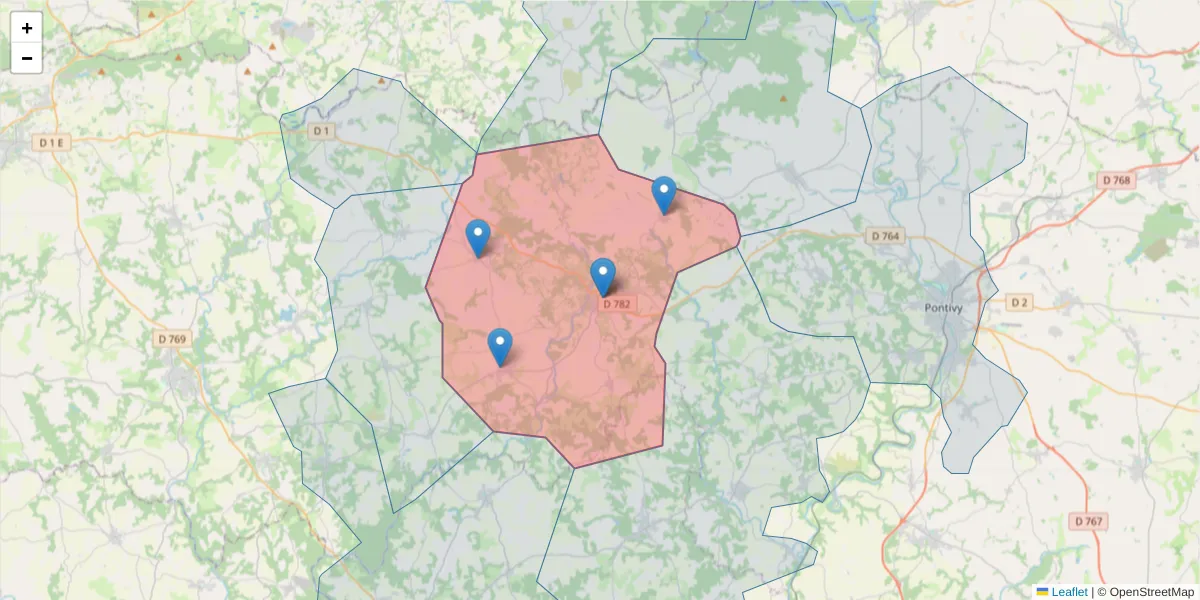 Carte de la zone du code postal  et des codes postaux voisins en France
