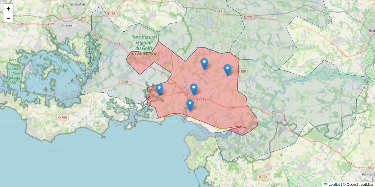 Carte de la zone du code postal  et des codes postaux voisins en France