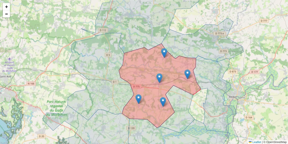Carte de la zone du code postal  et des codes postaux voisins en France