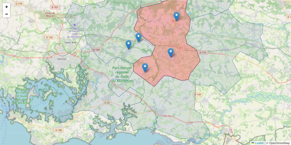 Carte de la zone du code postal  et des codes postaux voisins en France