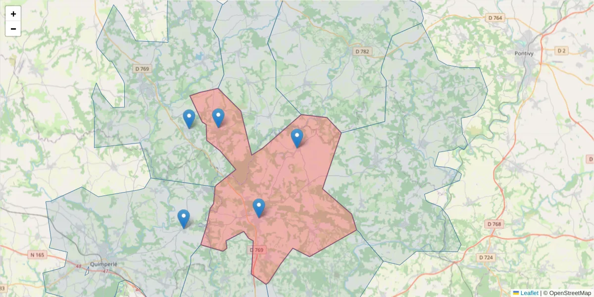 Carte de la zone du code postal  et des codes postaux voisins en France