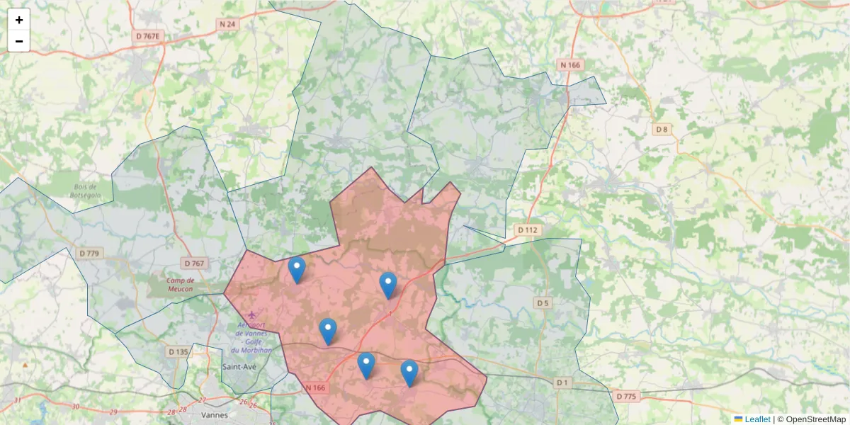 Carte de la zone du code postal  et des codes postaux voisins en France