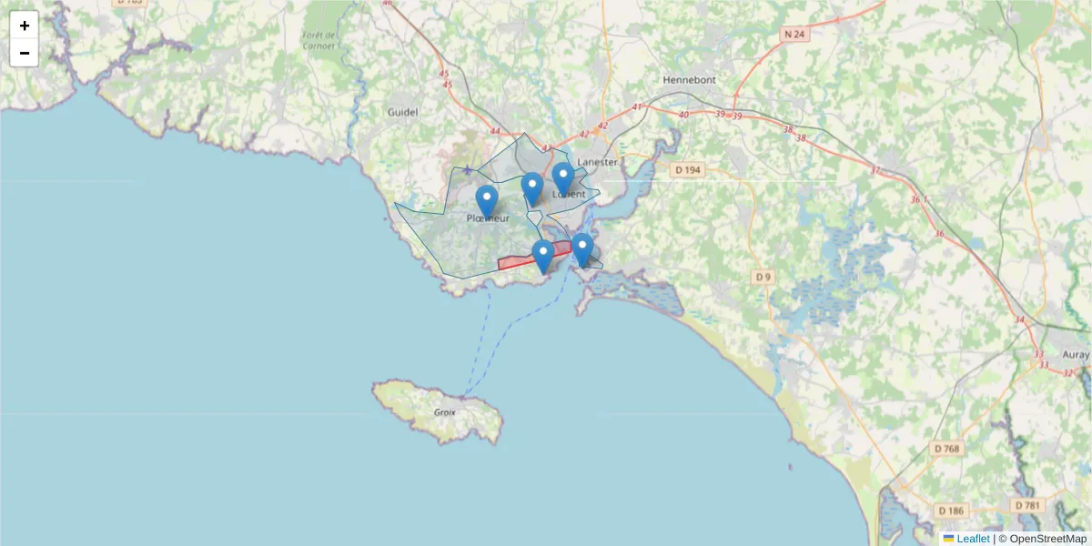 Carte de la zone du code postal  et des codes postaux voisins en France