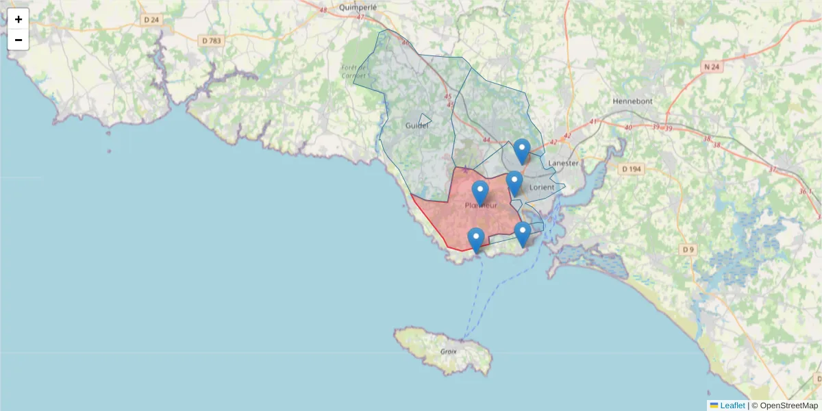Carte de la zone du code postal  et des codes postaux voisins en France