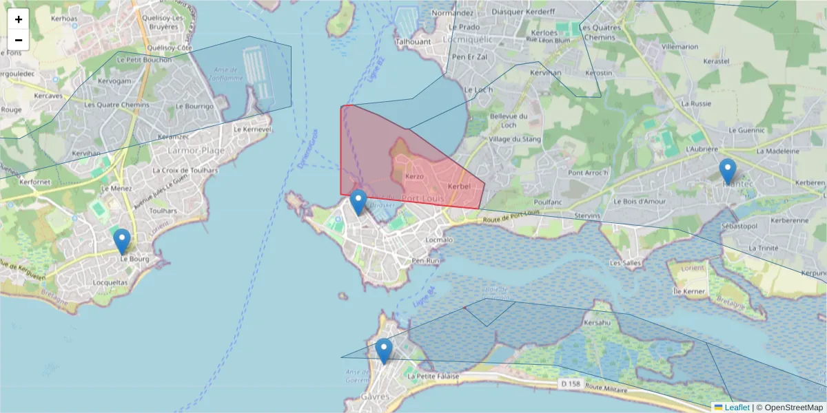 Carte de la zone du code postal  et des codes postaux voisins en France
