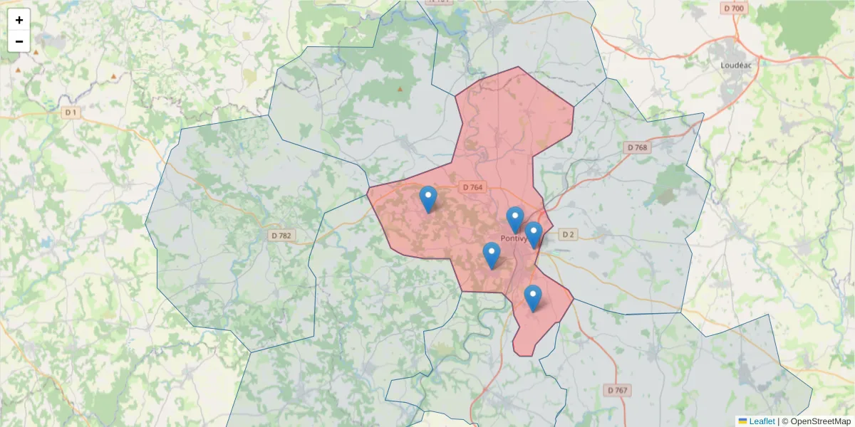 Carte de la zone du code postal  et des codes postaux voisins en France