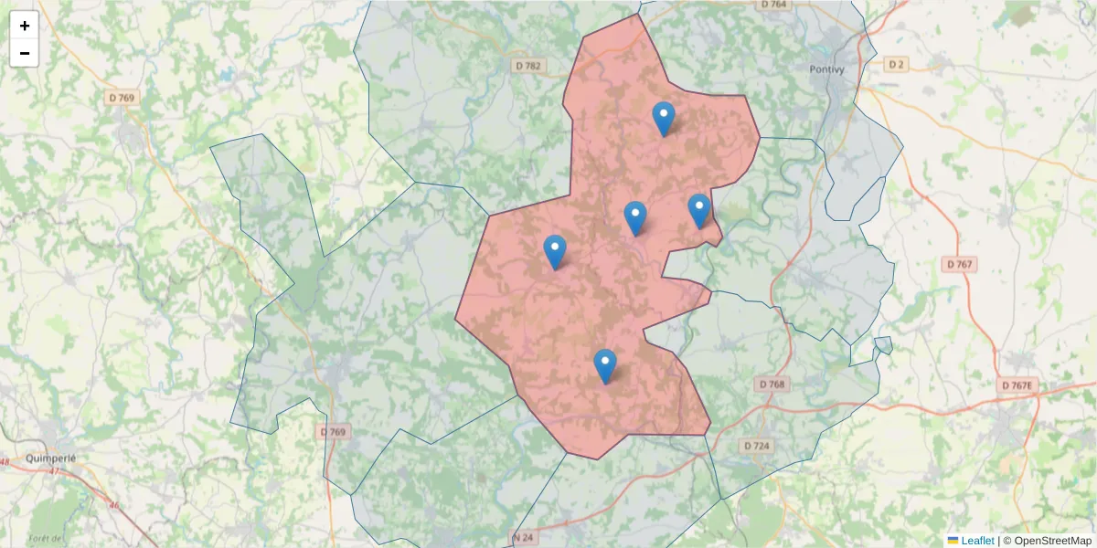 Carte de la zone du code postal  et des codes postaux voisins en France
