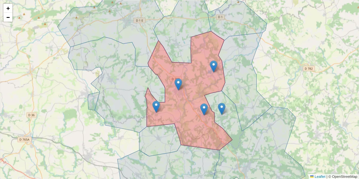 Carte de la zone du code postal  et des codes postaux voisins en France