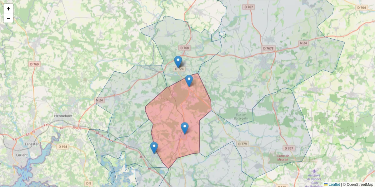 Carte de la zone du code postal  et des codes postaux voisins en France
