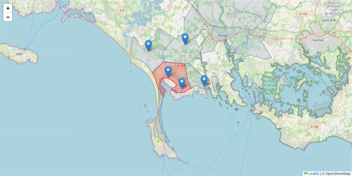 Carte de la zone du code postal  et des codes postaux voisins en France