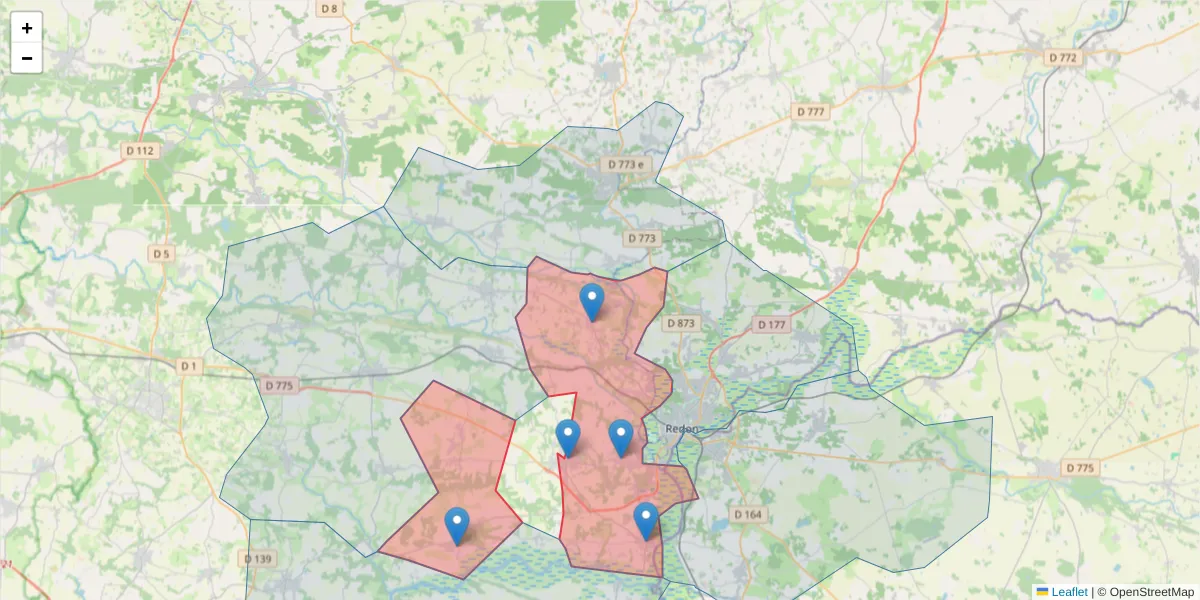 Carte de la zone du code postal  et des codes postaux voisins en France