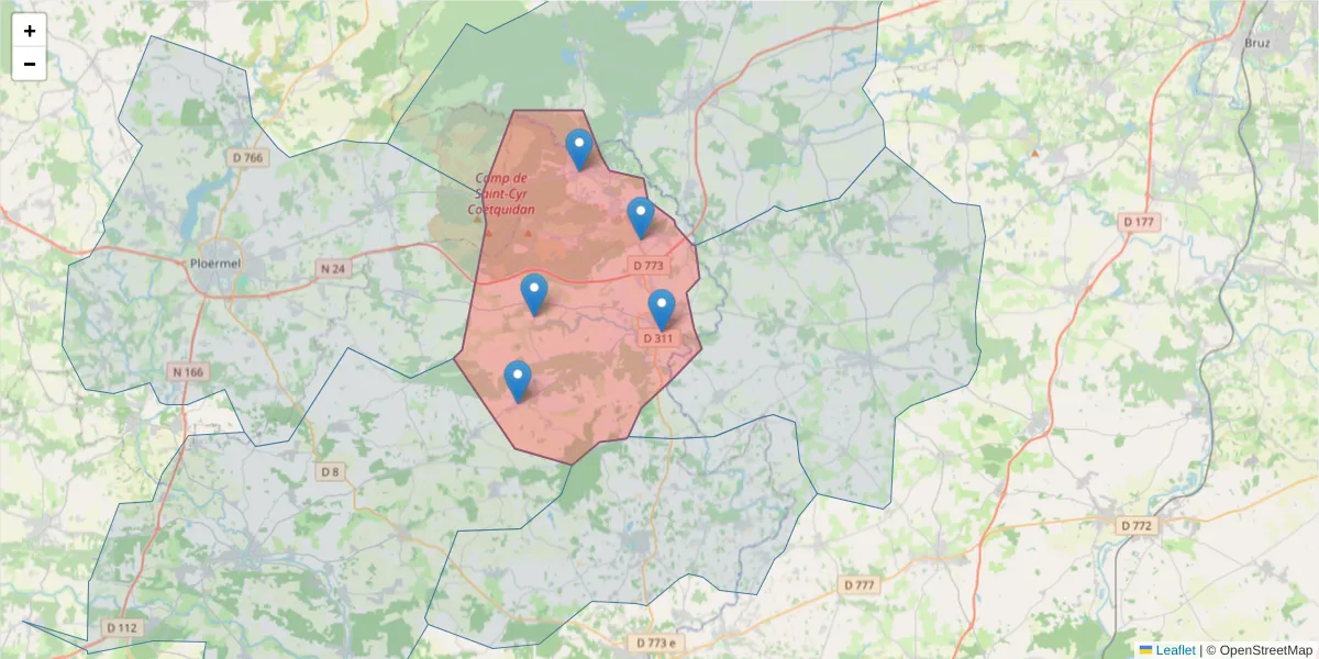 Carte de la zone du code postal  et des codes postaux voisins en France