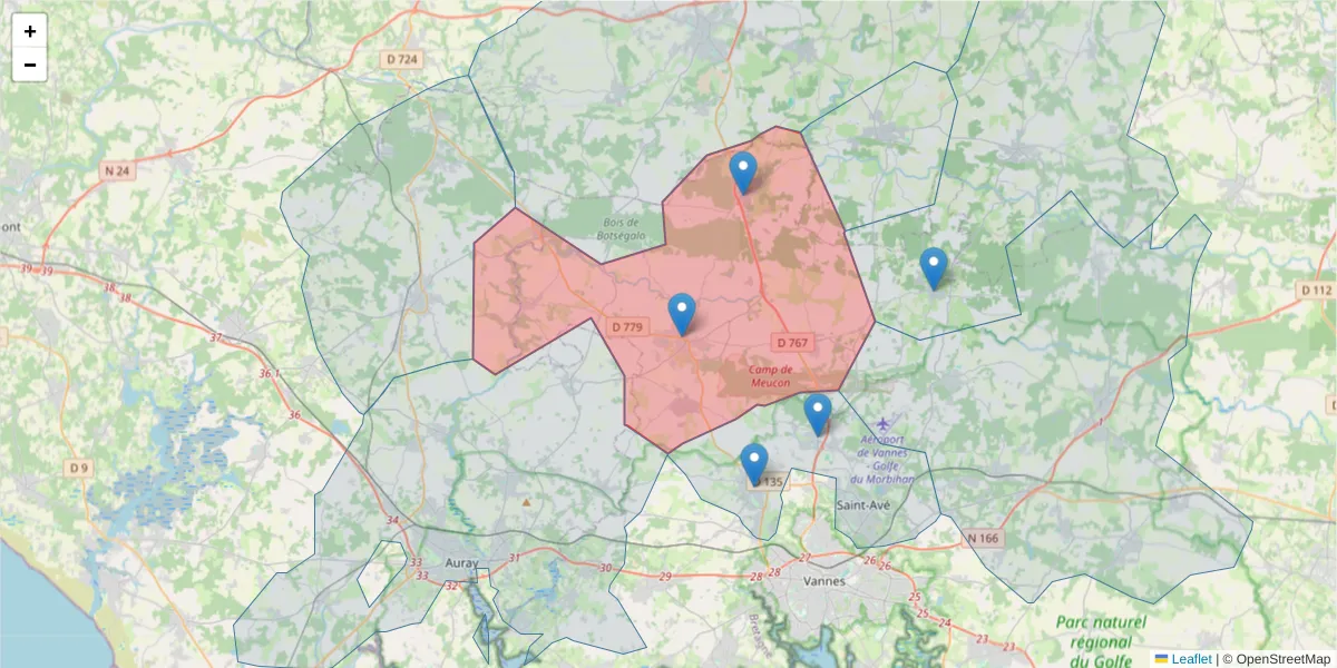 Carte de la zone du code postal  et des codes postaux voisins en France