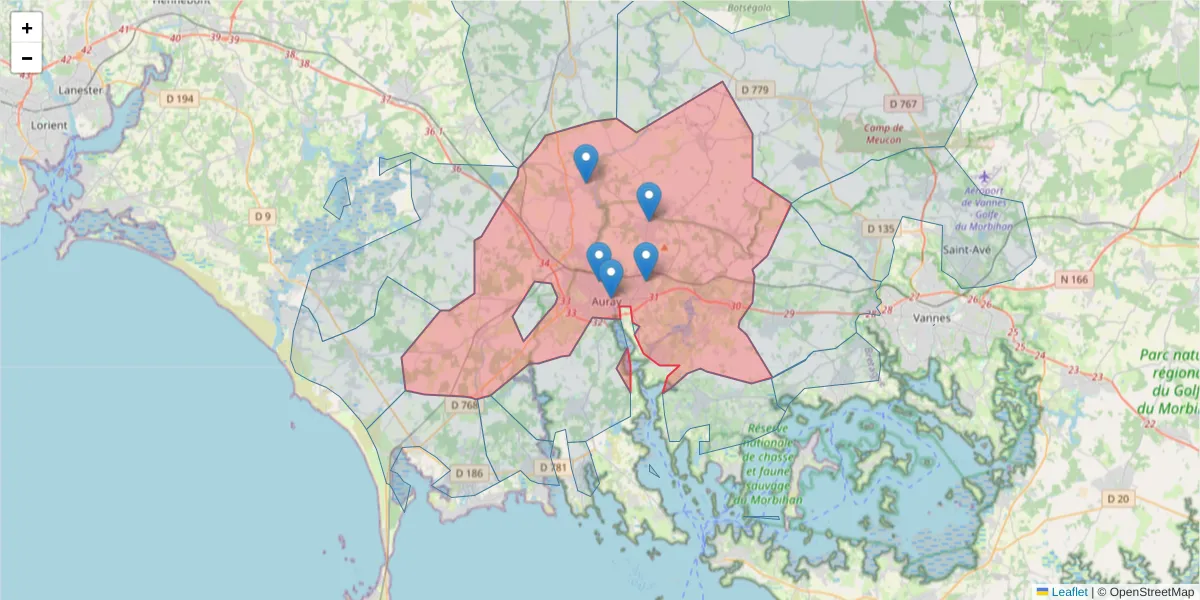 Carte de la zone du code postal  et des codes postaux voisins en France