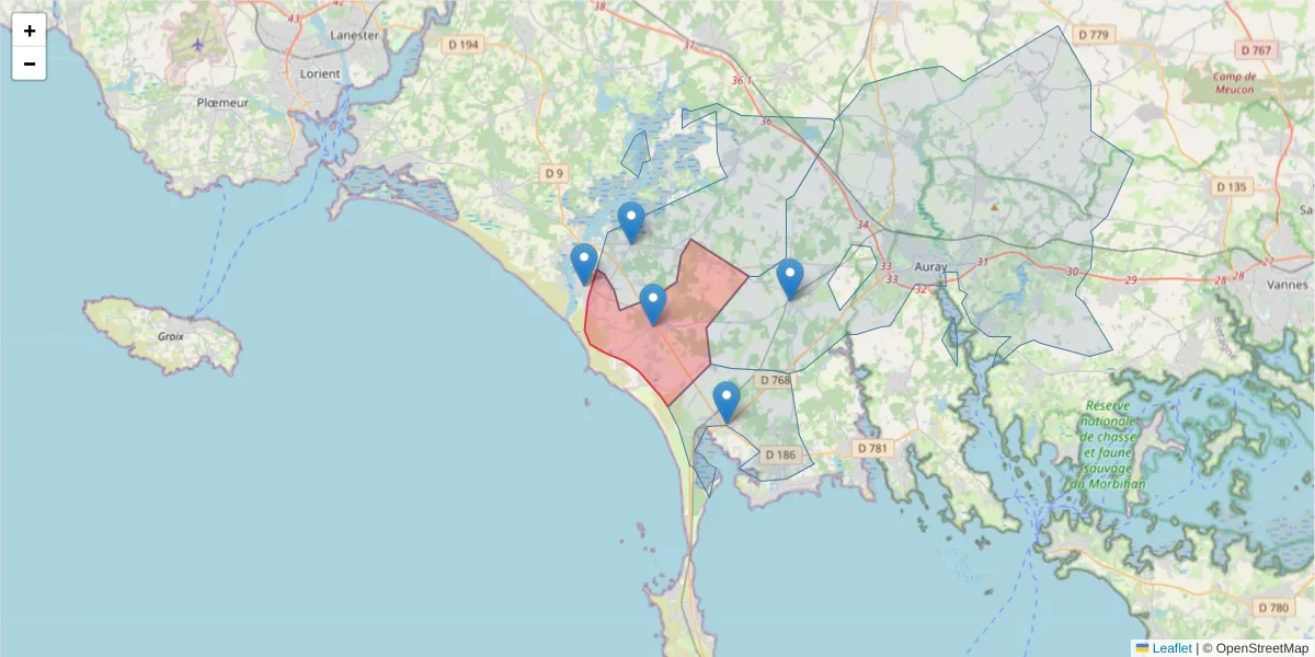 Carte de la zone du code postal  et des codes postaux voisins en France