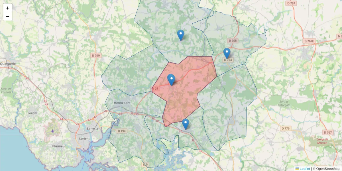 Carte de la zone du code postal  et des codes postaux voisins en France