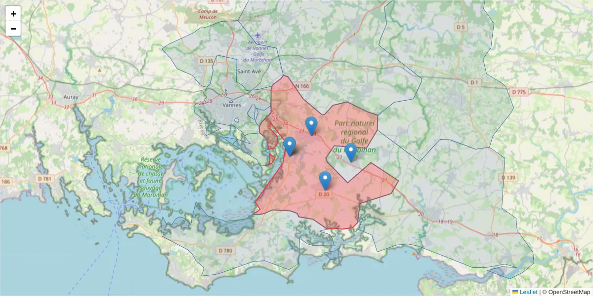 Carte de la zone du code postal  et des codes postaux voisins en France