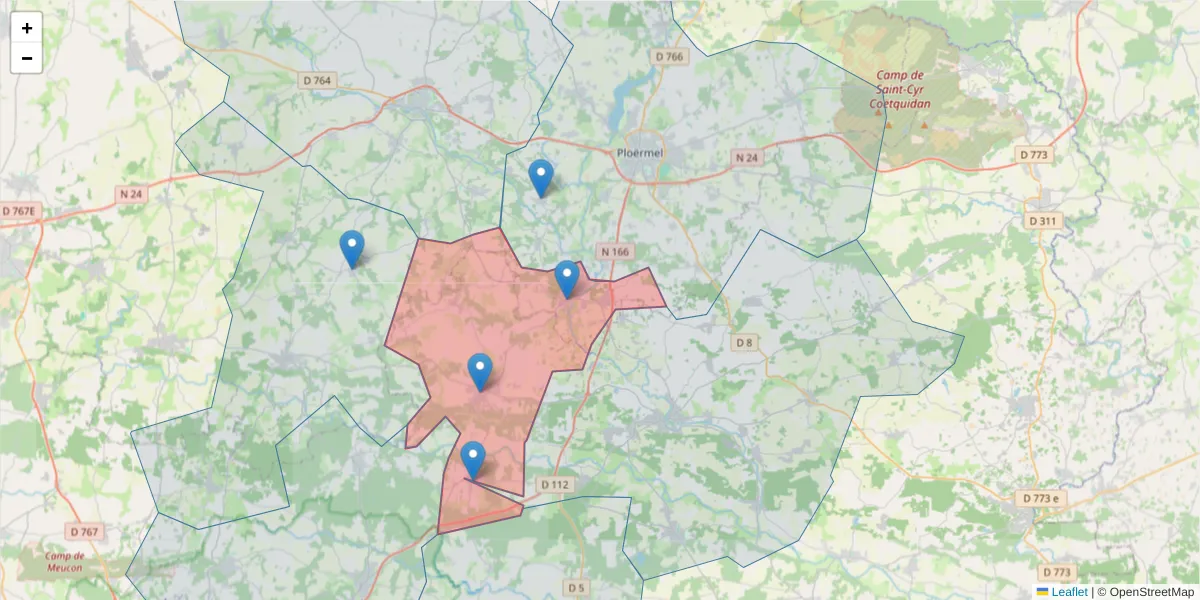 Carte de la zone du code postal  et des codes postaux voisins en France