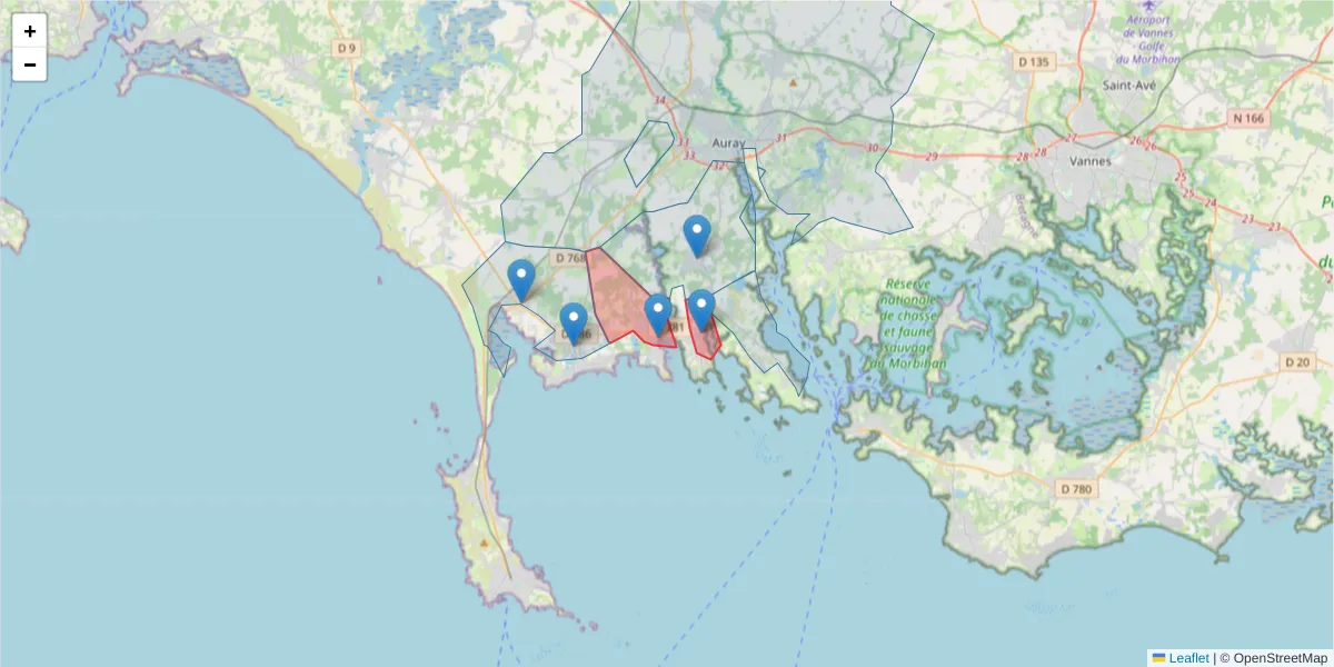 Carte de la zone du code postal  et des codes postaux voisins en France