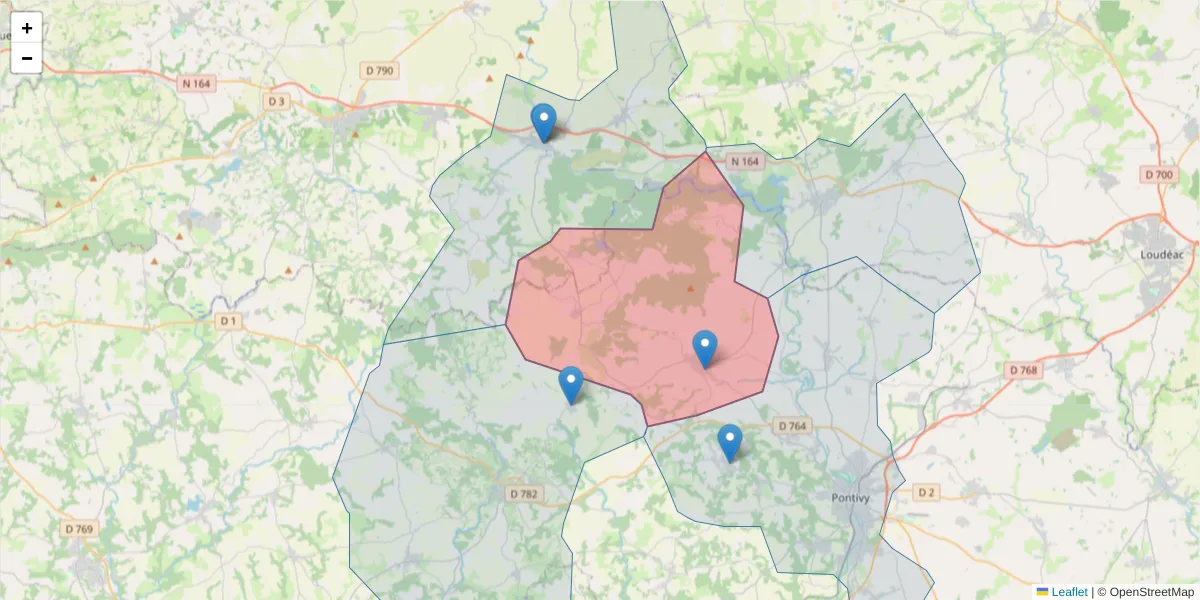 Carte de la zone du code postal  et des codes postaux voisins en France