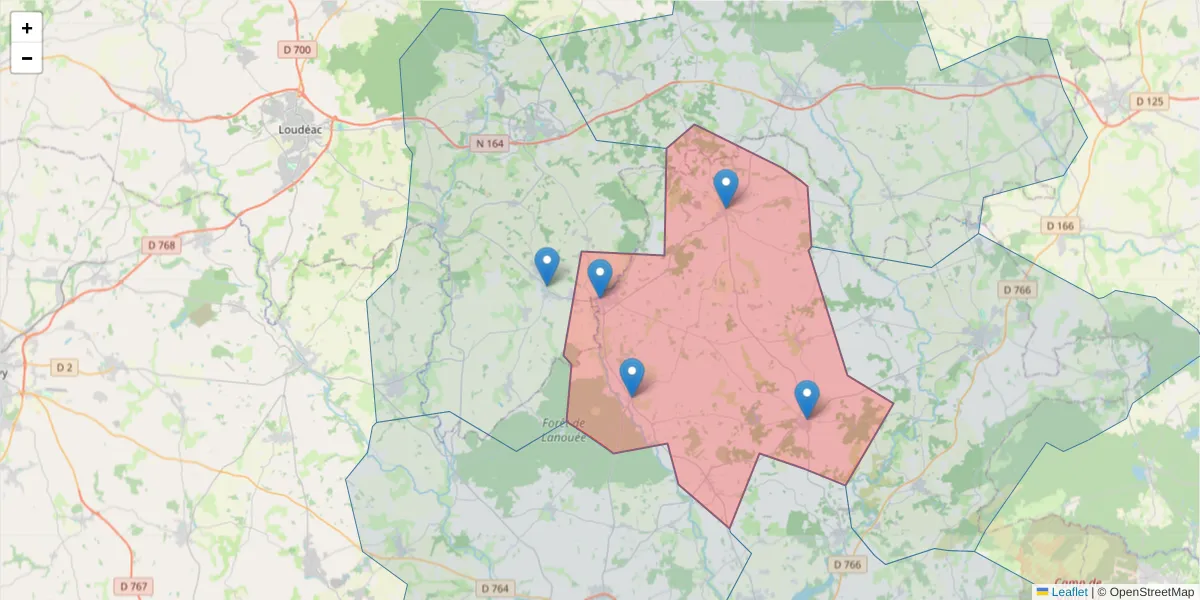 Carte de la zone du code postal  et des codes postaux voisins en France
