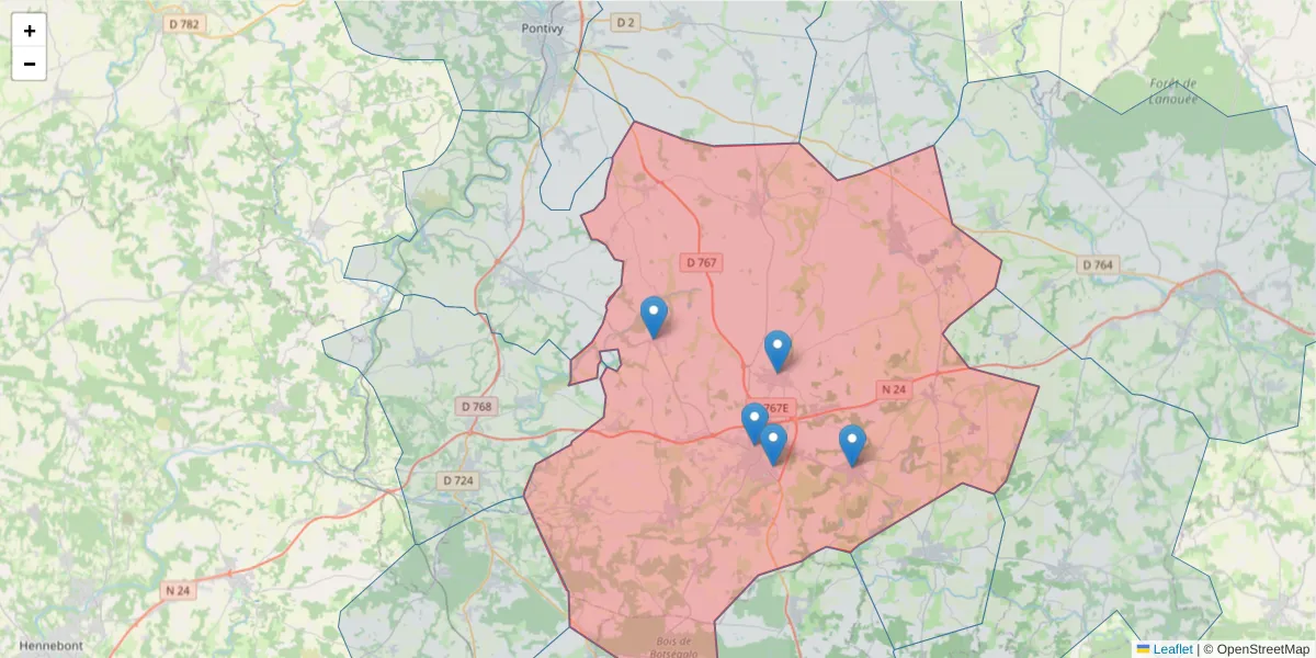 Carte de la zone du code postal  et des codes postaux voisins en France