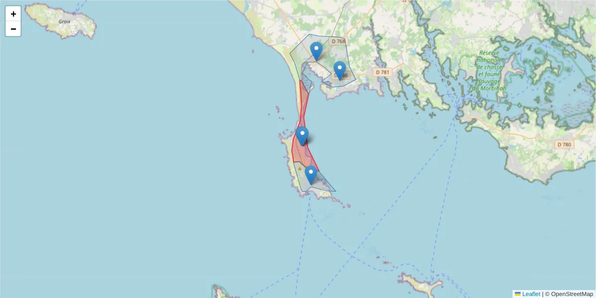 Carte de la zone du code postal  et des codes postaux voisins en France