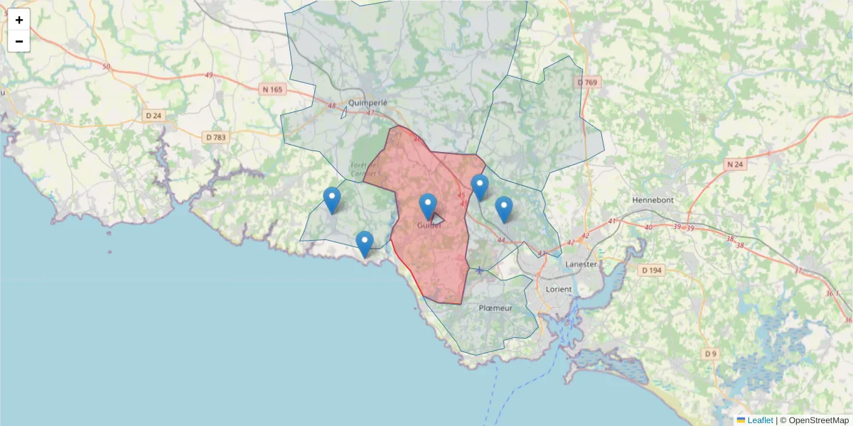 Carte de la zone du code postal  et des codes postaux voisins en France