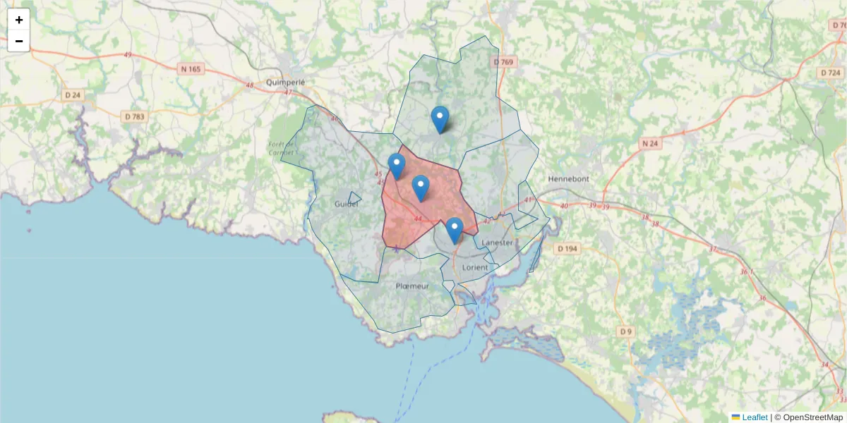 Carte de la zone du code postal  et des codes postaux voisins en France