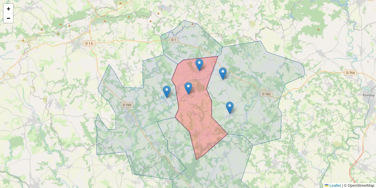 Carte de la zone du code postal  et des codes postaux voisins en France