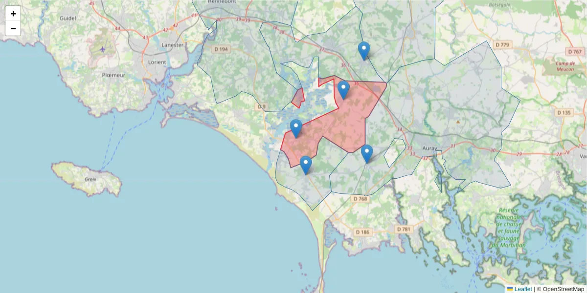 Carte de la zone du code postal  et des codes postaux voisins en France