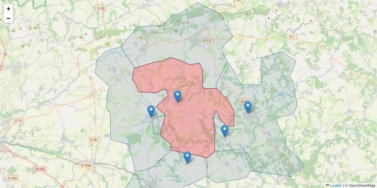Carte de la zone du code postal  et des codes postaux voisins en France