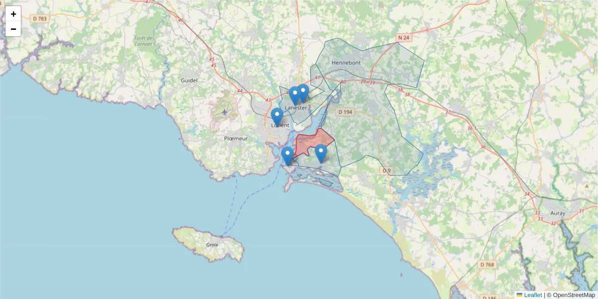 Carte de la zone du code postal  et des codes postaux voisins en France