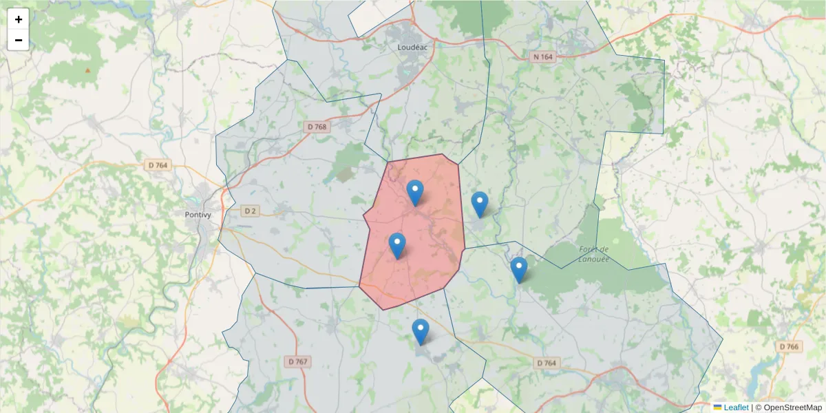 Carte de la zone du code postal  et des codes postaux voisins en France