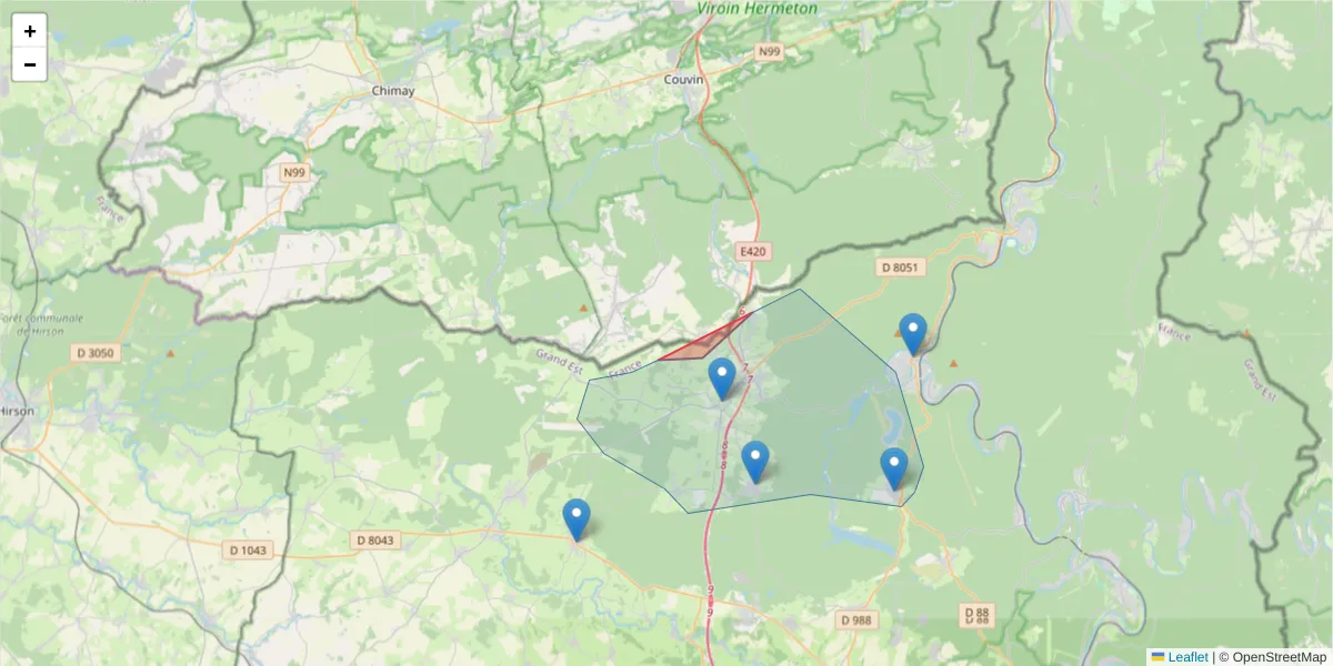 Carte de la zone du code postal  et des codes postaux voisins en France