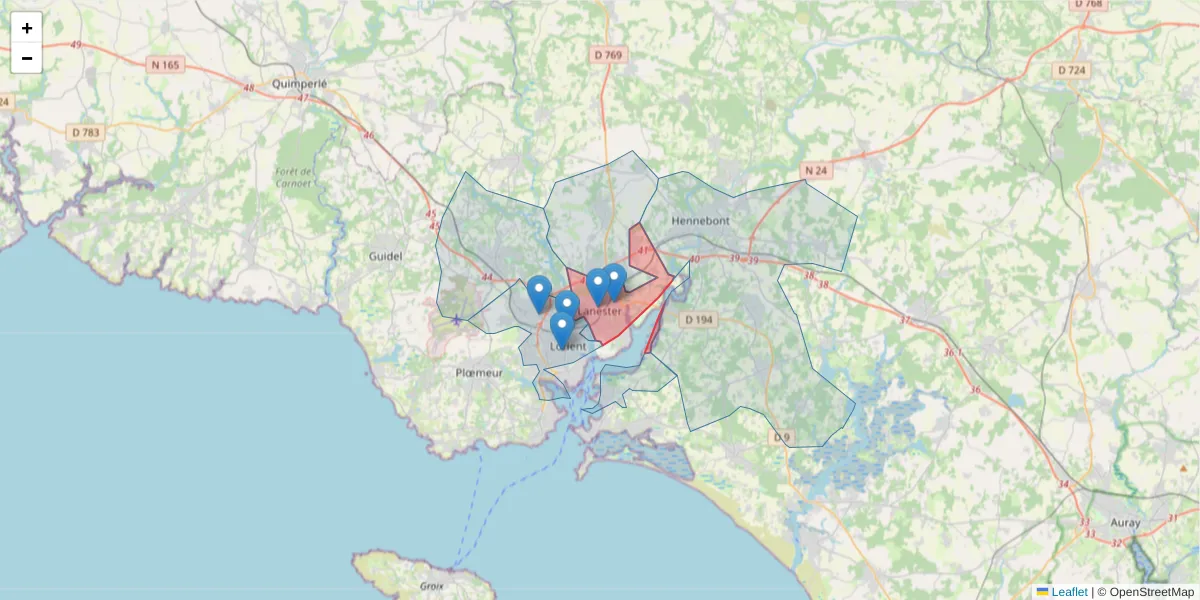 Carte de la zone du code postal  et des codes postaux voisins en France