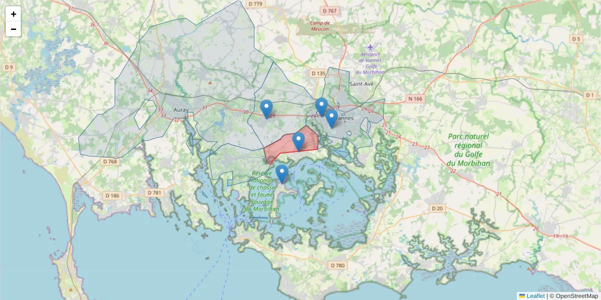 Carte de la zone du code postal  et des codes postaux voisins en France