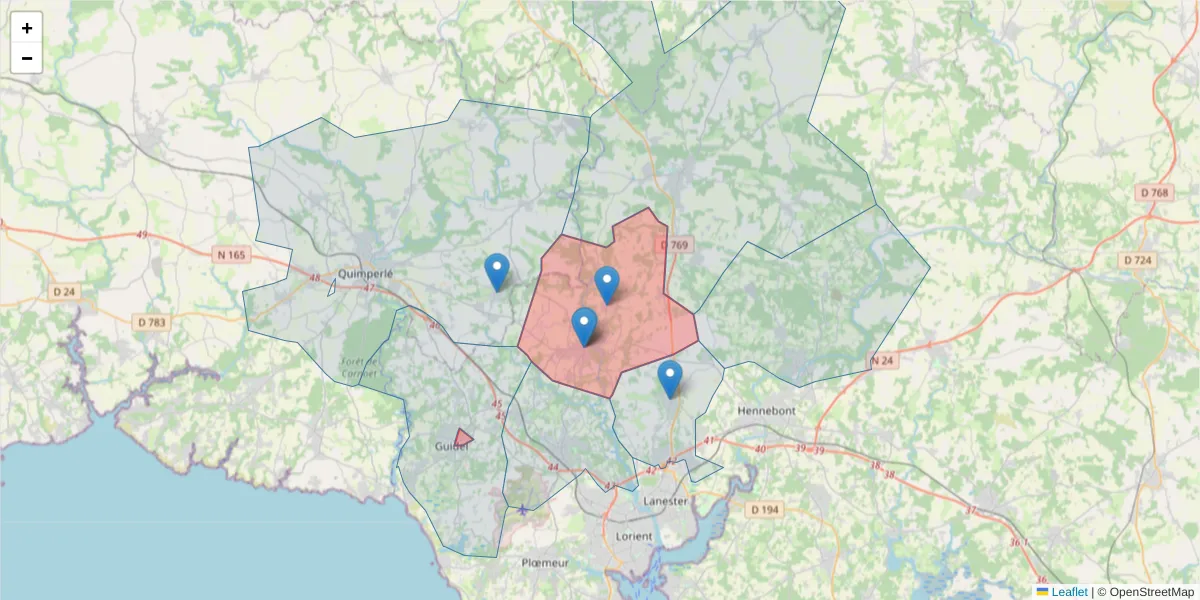 Carte de la zone du code postal  et des codes postaux voisins en France
