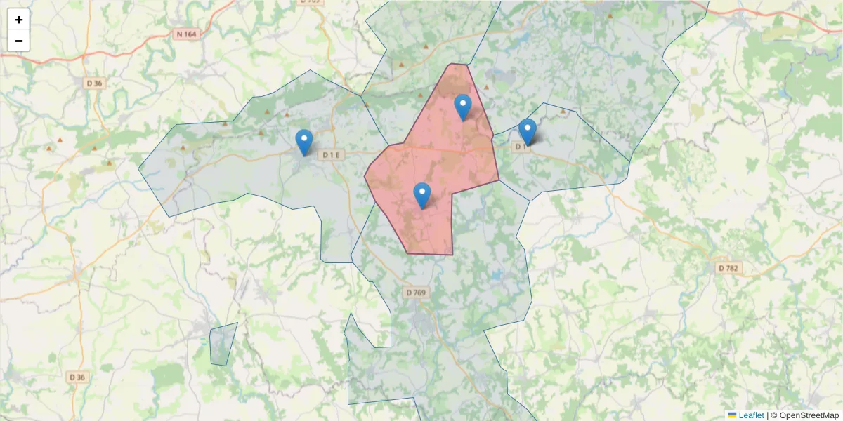 Carte de la zone du code postal  et des codes postaux voisins en France