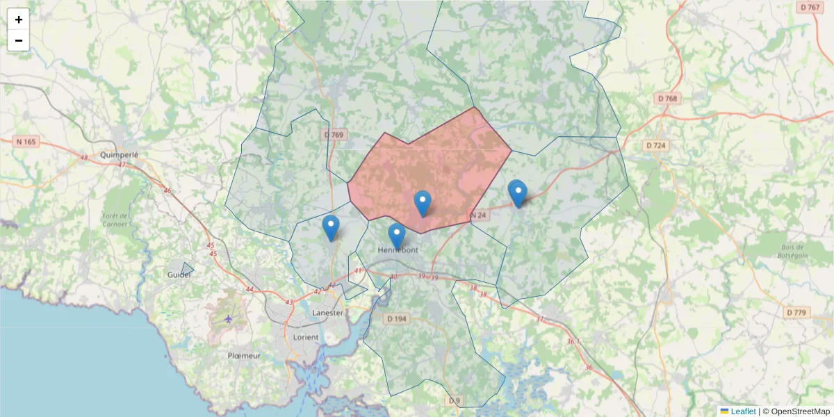 Carte de la zone du code postal  et des codes postaux voisins en France