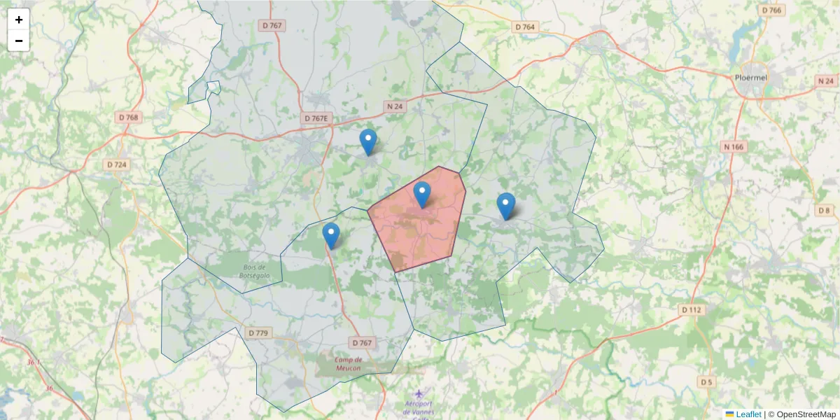 Carte de la zone du code postal  et des codes postaux voisins en France