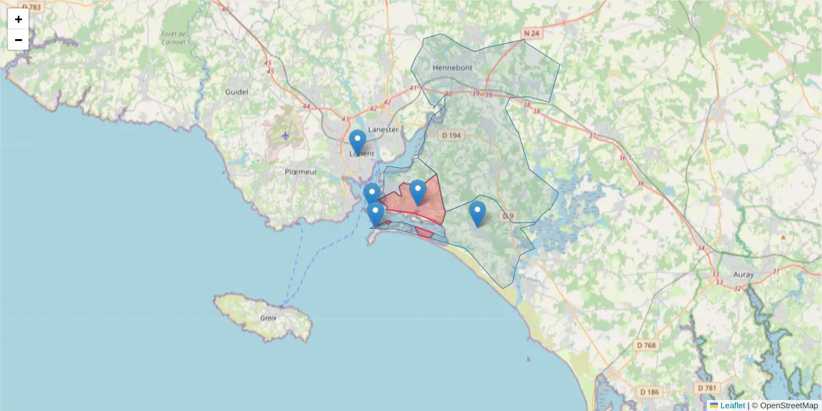 Carte de la zone du code postal  et des codes postaux voisins en France