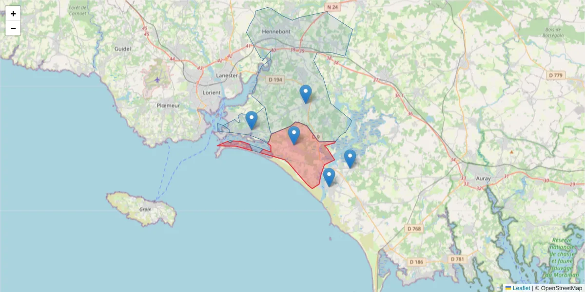 Carte de la zone du code postal  et des codes postaux voisins en France