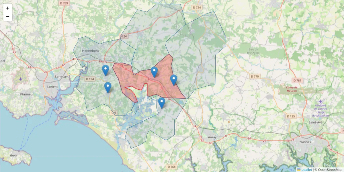 Carte de la zone du code postal  et des codes postaux voisins en France