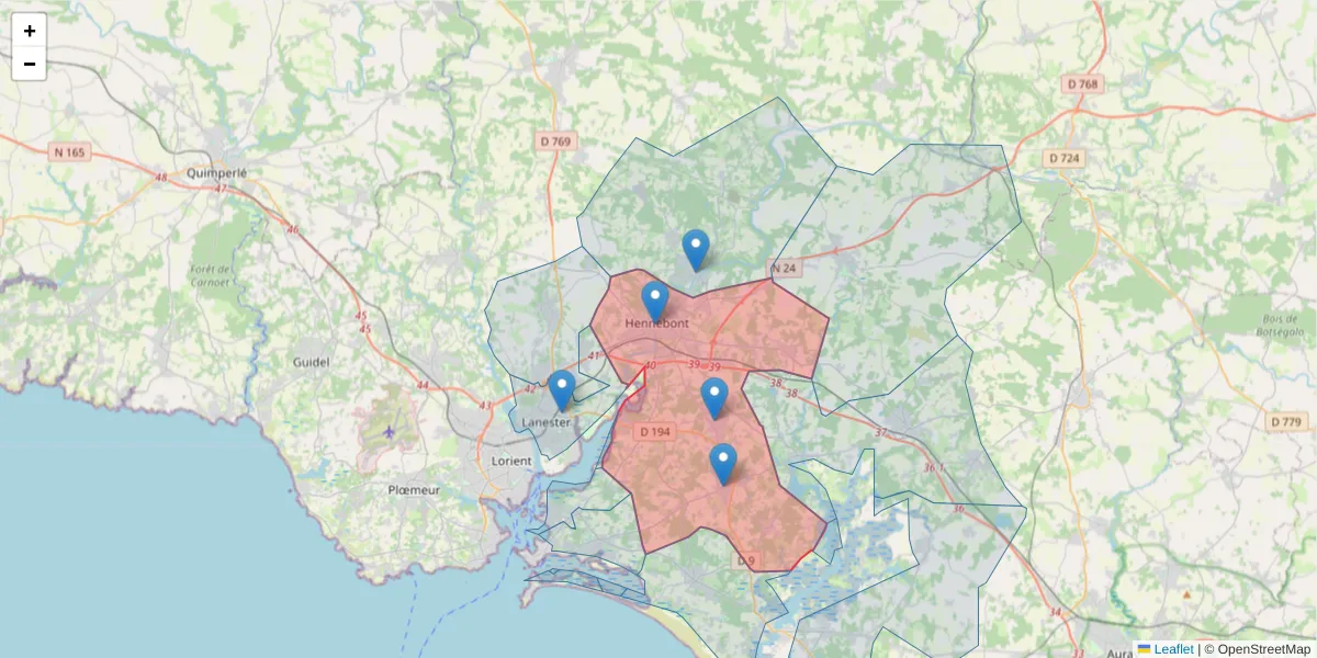 Carte de la zone du code postal  et des codes postaux voisins en France