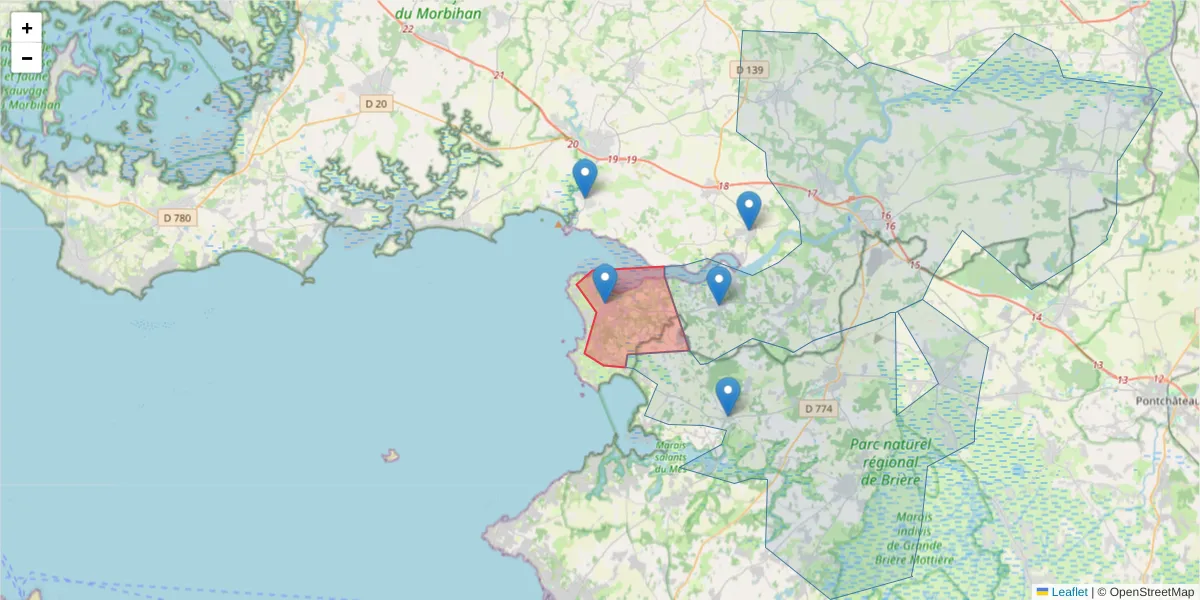 Carte de la zone du code postal  et des codes postaux voisins en France