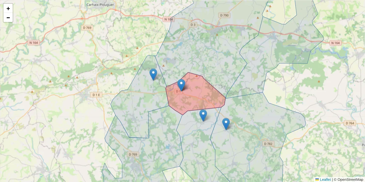 Carte de la zone du code postal  et des codes postaux voisins en France