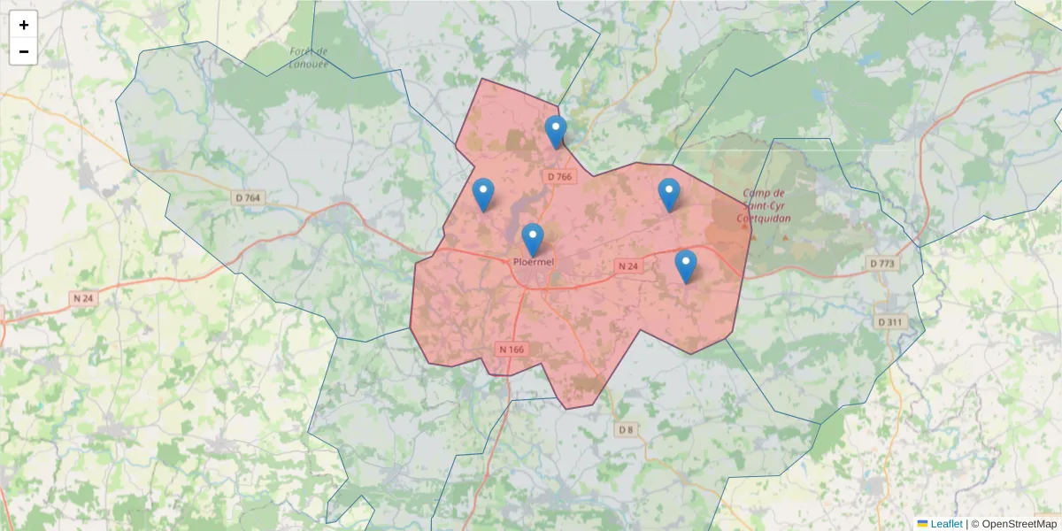 Carte de la zone du code postal  et des codes postaux voisins en France