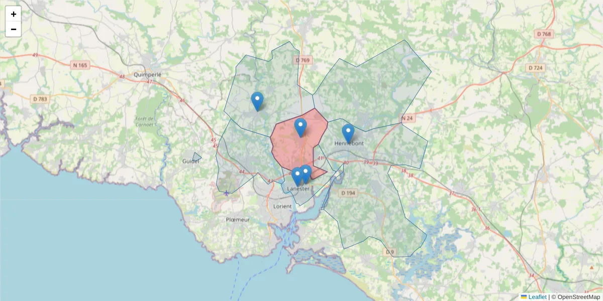 Carte de la zone du code postal  et des codes postaux voisins en France
